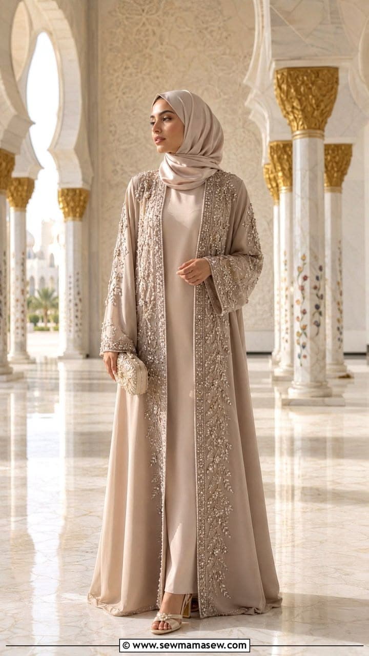Ivory embroidered abaya for modest formal rental