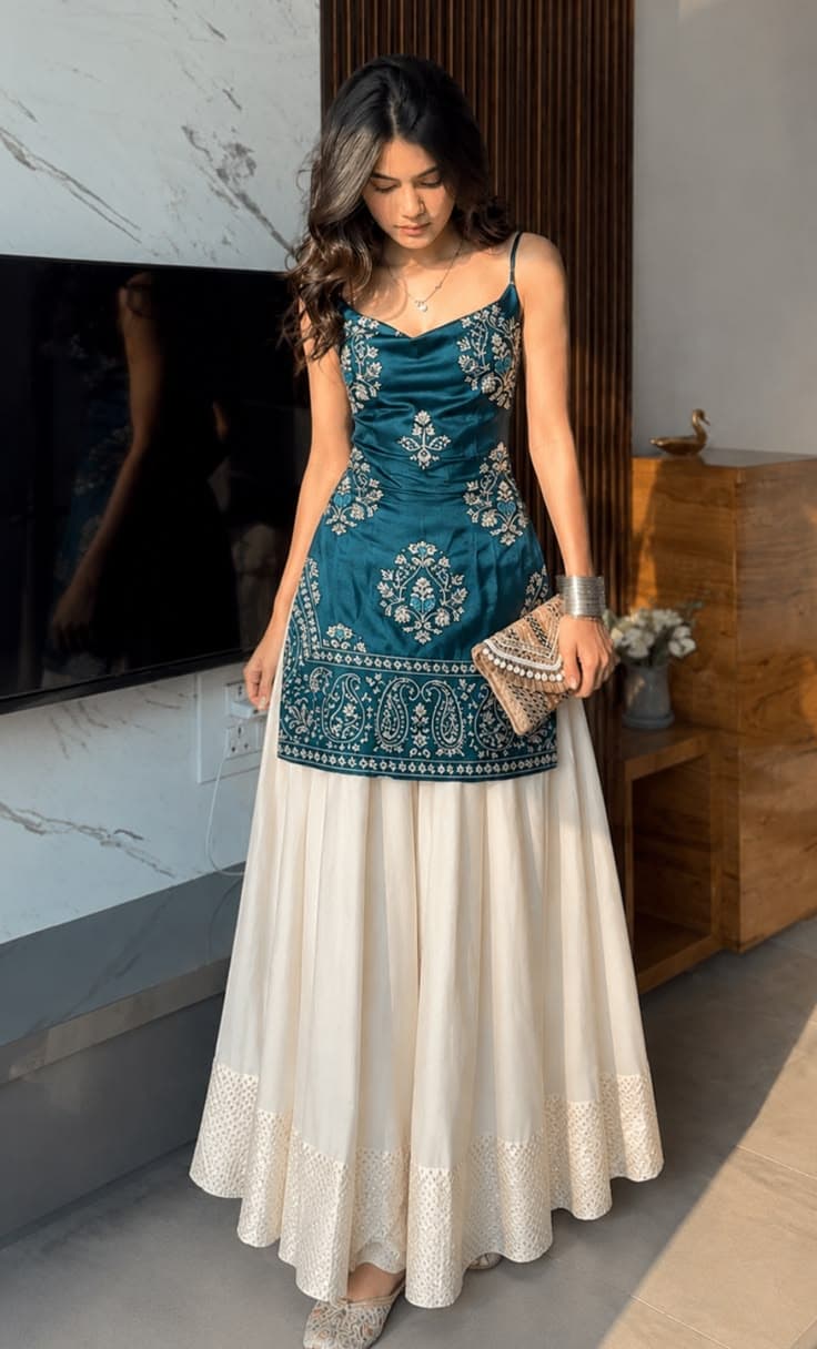 Ivory embroidered kurta set for day festive rental